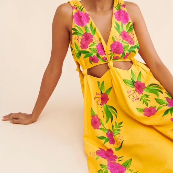 Farm Rio Romantic Garden Yellow Pink Plunge Midi Dress Size M - Picture 3 of 16